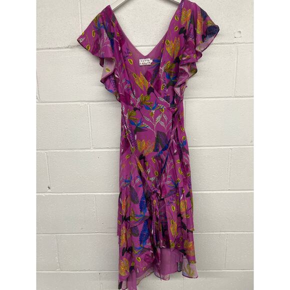Tanya Taylor Sz 4 Pink Leaves Floral Print Silk Ruffled Hi-Low Wrap Midi Dress - Picture 3 of 7